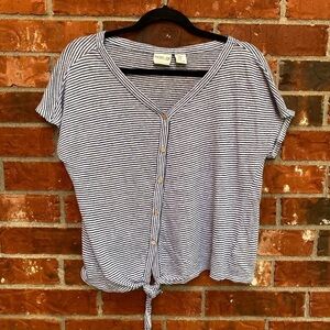 Rachel Zoe Womens Medium Linen Blue Stripe Button Front Tie Short Sleeve Top